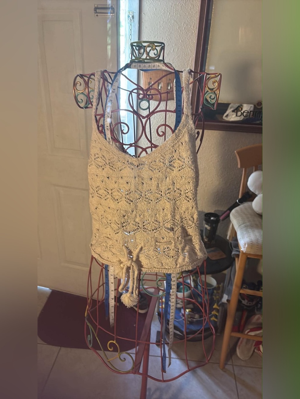 Knit Crochet Tank Top with Drawstring - Cream